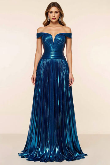Épaule dénudée plissée bleu paon Robe de bal une ligne